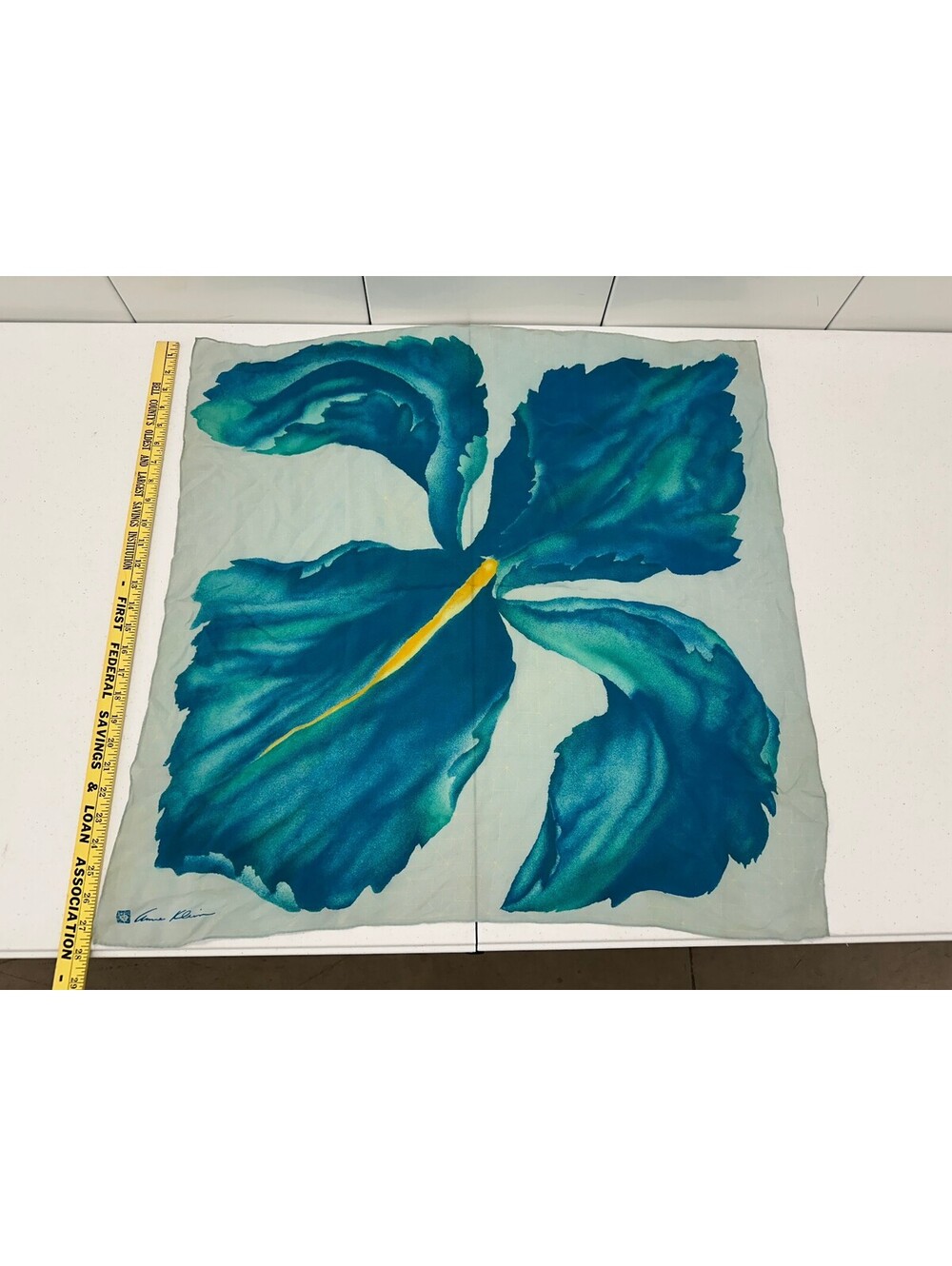 Anne Klein blue Teal Iris floral scarf Vintage 27.5" x 28"